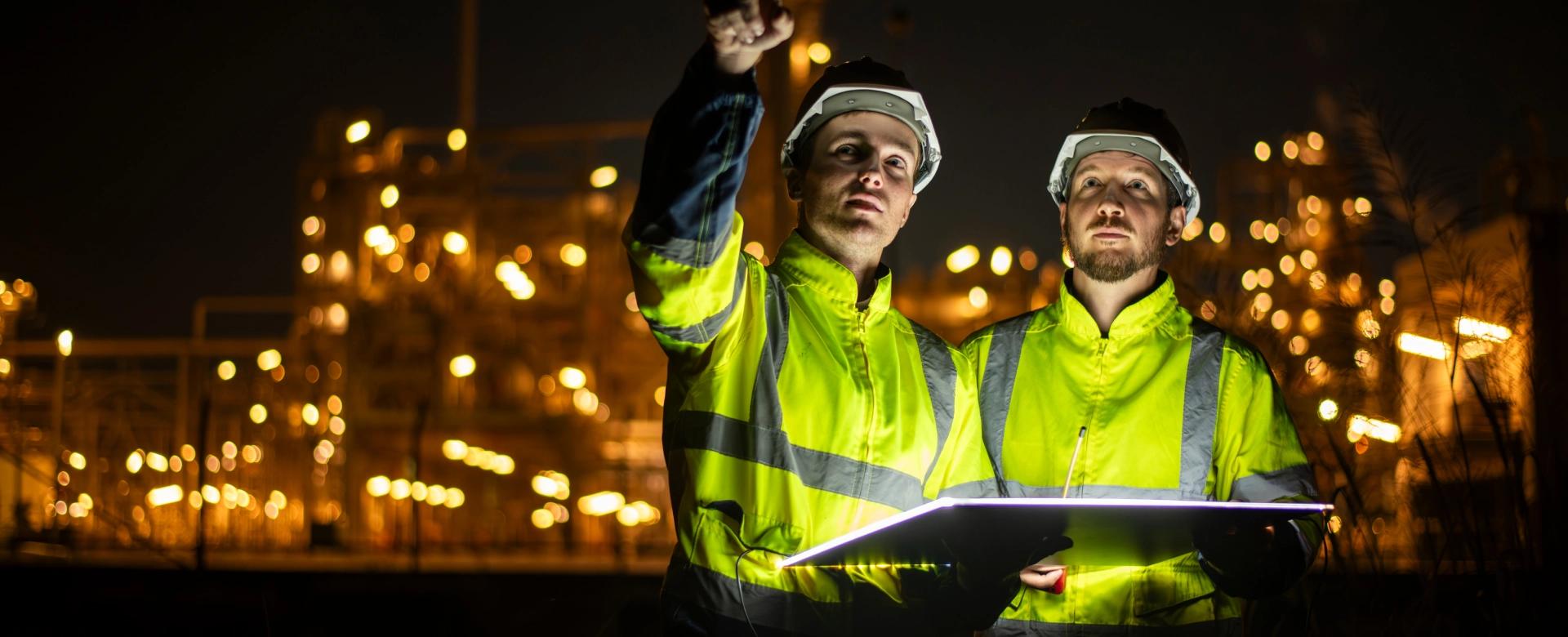 two-men-wearing-safety-vests-are-looking-sign-that-says-they-are-looking